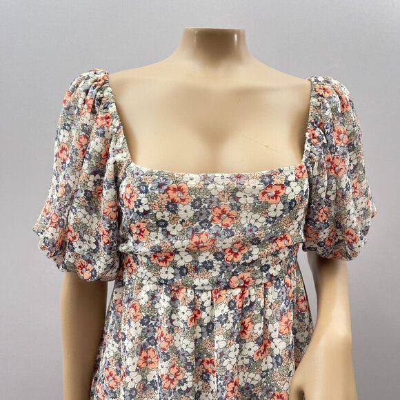 MINKINK Arve Floral Puff Sleeve Mini Dress Open Back Tie Detail Square Neck S - Picture 5 of 12